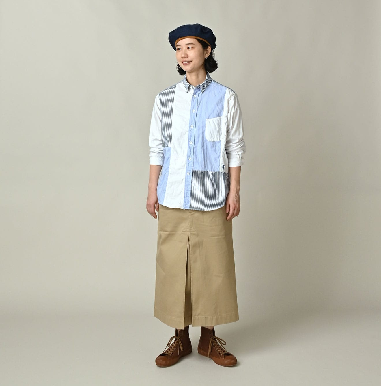 Happy Patch Work Supima OX 908 Ocean Canvas Shirt Female Model