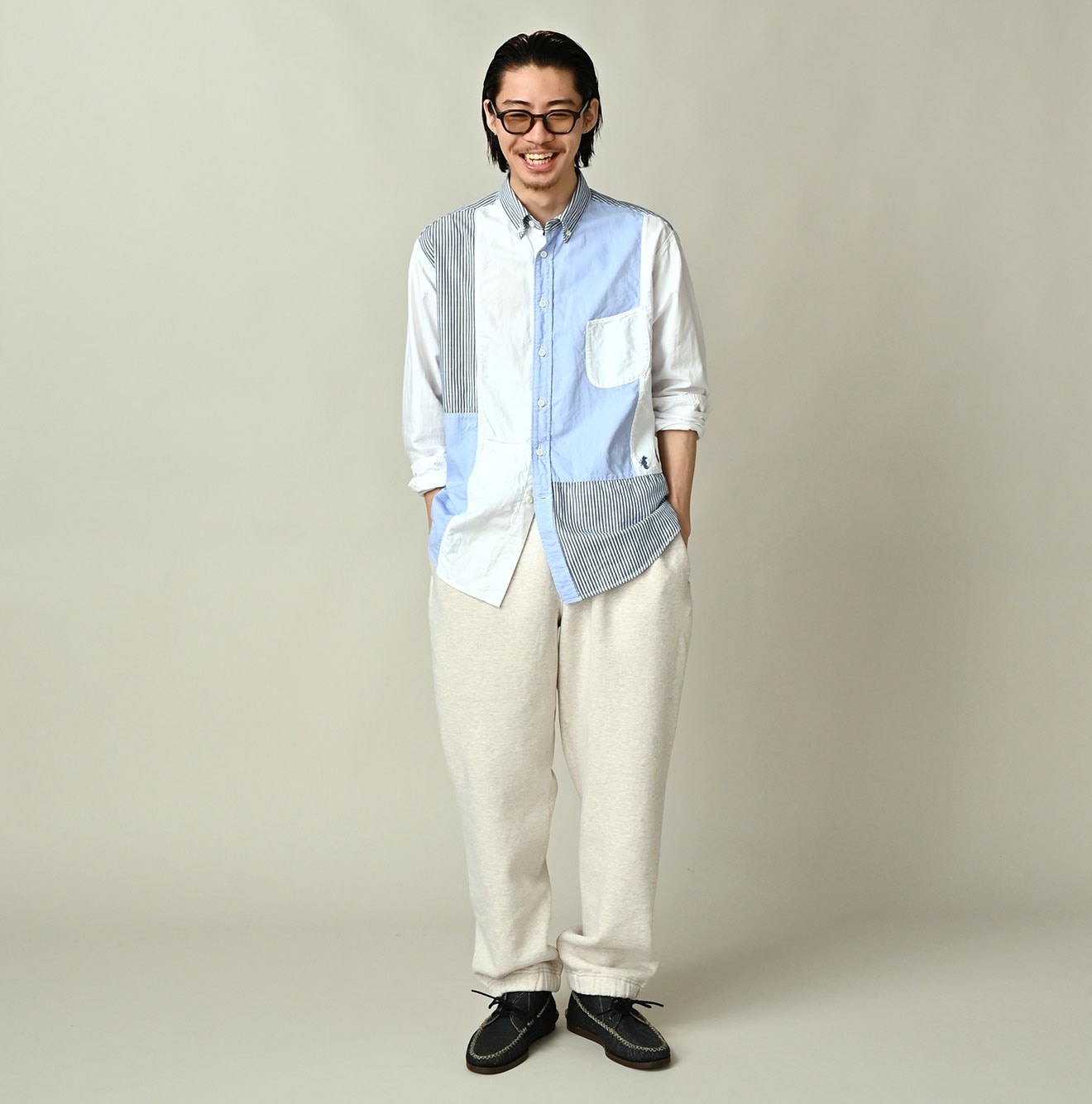 Happy Patch Work Supima OX 908 Ocean Canvas Shirt Male Model
