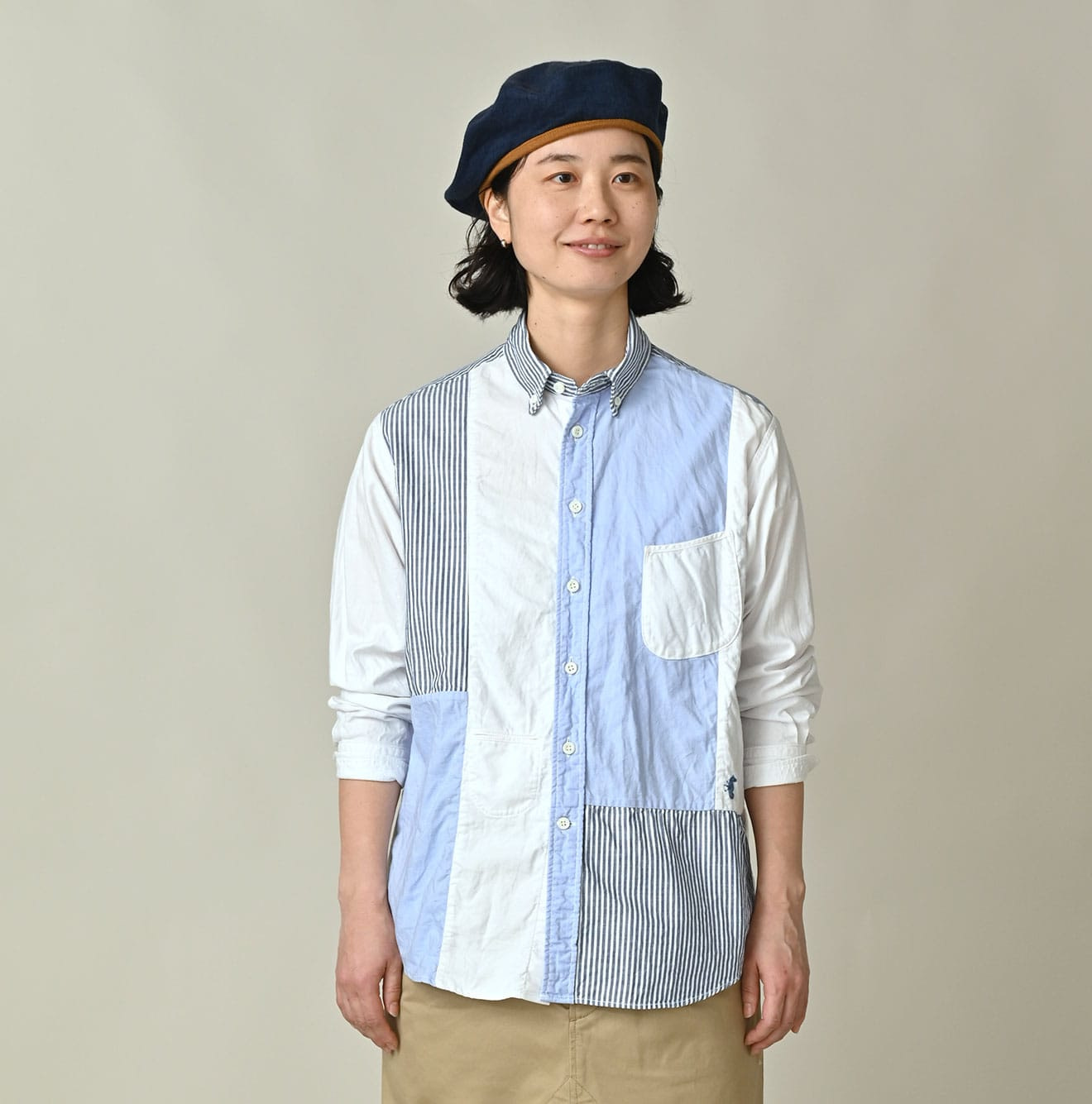 Happy Patch Work Supima OX 908 Ocean Canvas Shirt Female Model