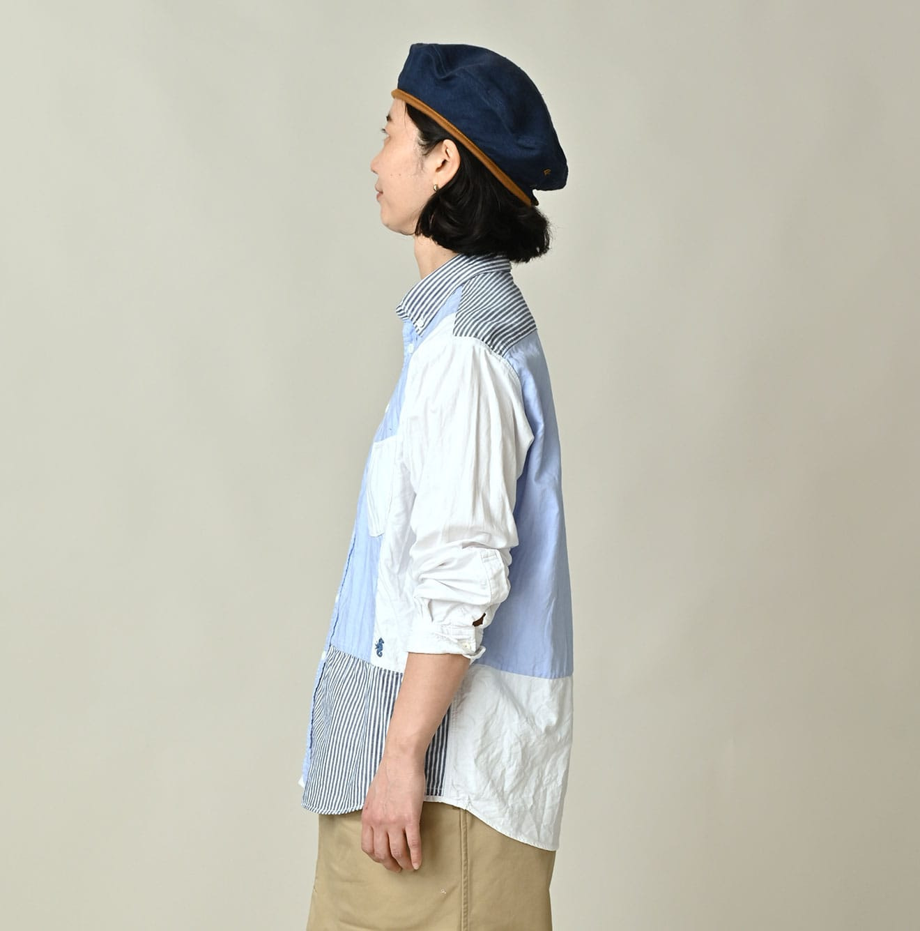 Happy Patch Work Supima OX 908 Ocean Canvas Shirt Female Model