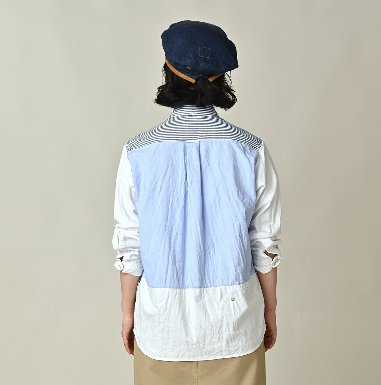 Happy Patch Work Supima OX 908 Ocean Canvas Shirt Female Model