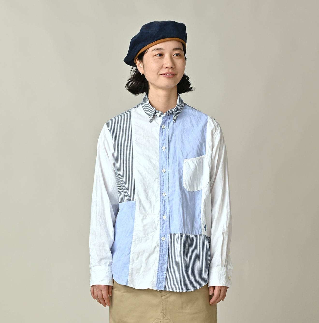 Happy Patch Work Supima OX 908 Ocean Canvas Shirt Female Model