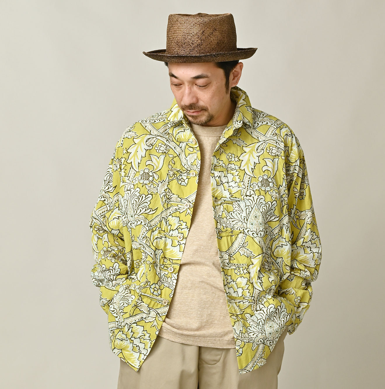 Indian Khadi Flower Sarasa Print 8-knot Shirt Male Model