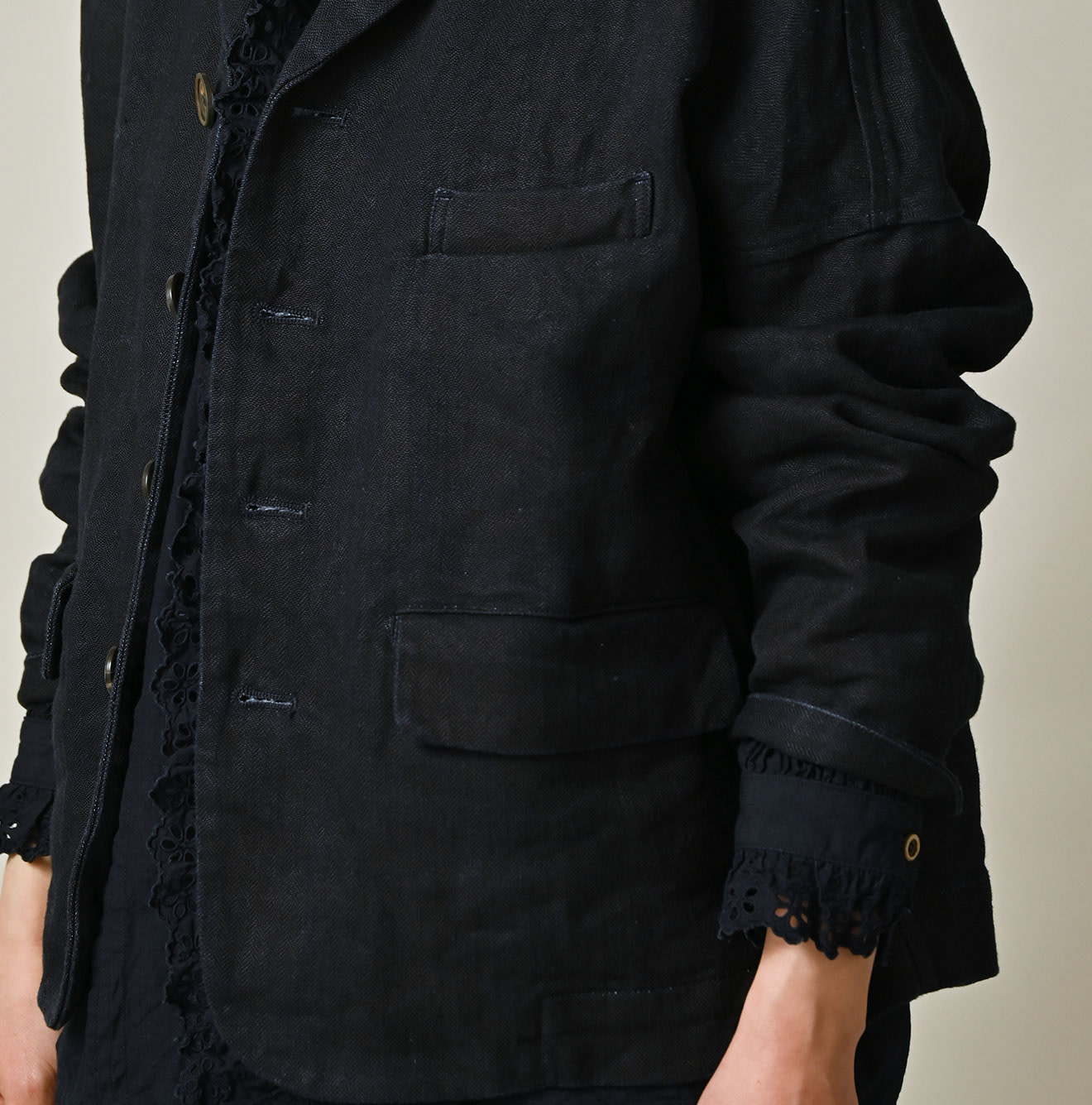 Indigo Linen Herringbone 908 Uma Jacket Detail