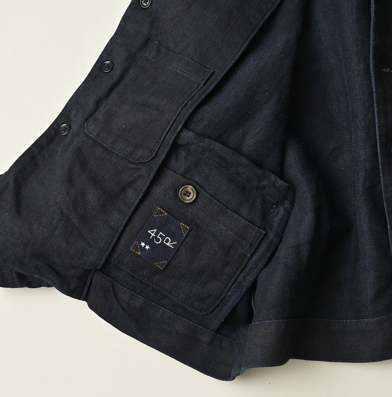 Indigo Linen Herringbone 908 Uma Jacket Detail