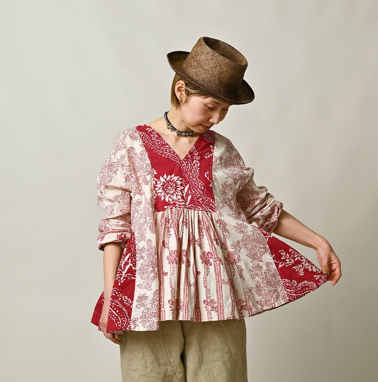 Indian Khadi Block Print Patchwork Blouse Female Model