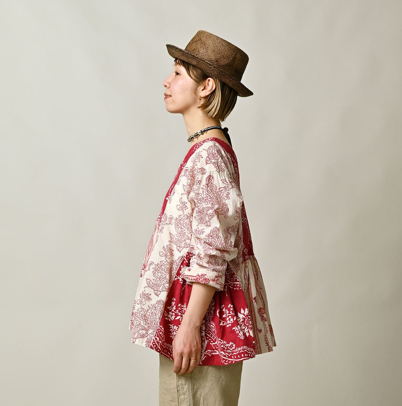 Indian Khadi Block Print Patchwork Blouse Female Model