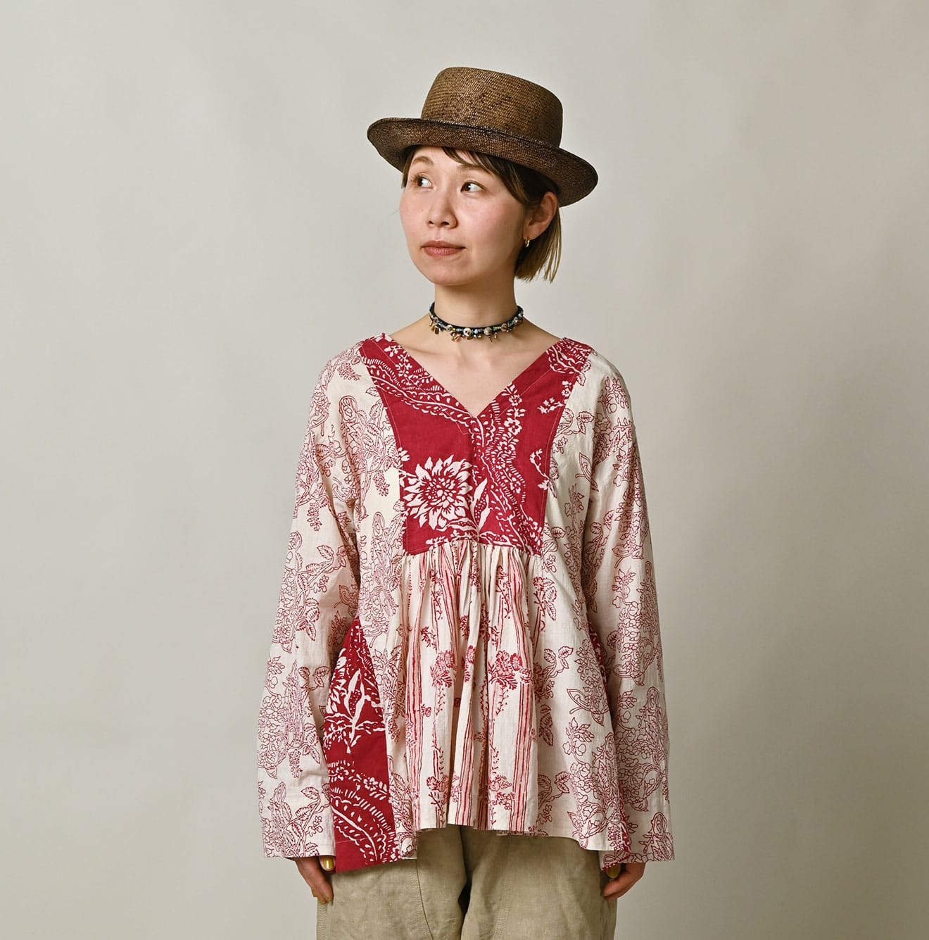 Indian Khadi Block Print Patchwork Blouse Female Model