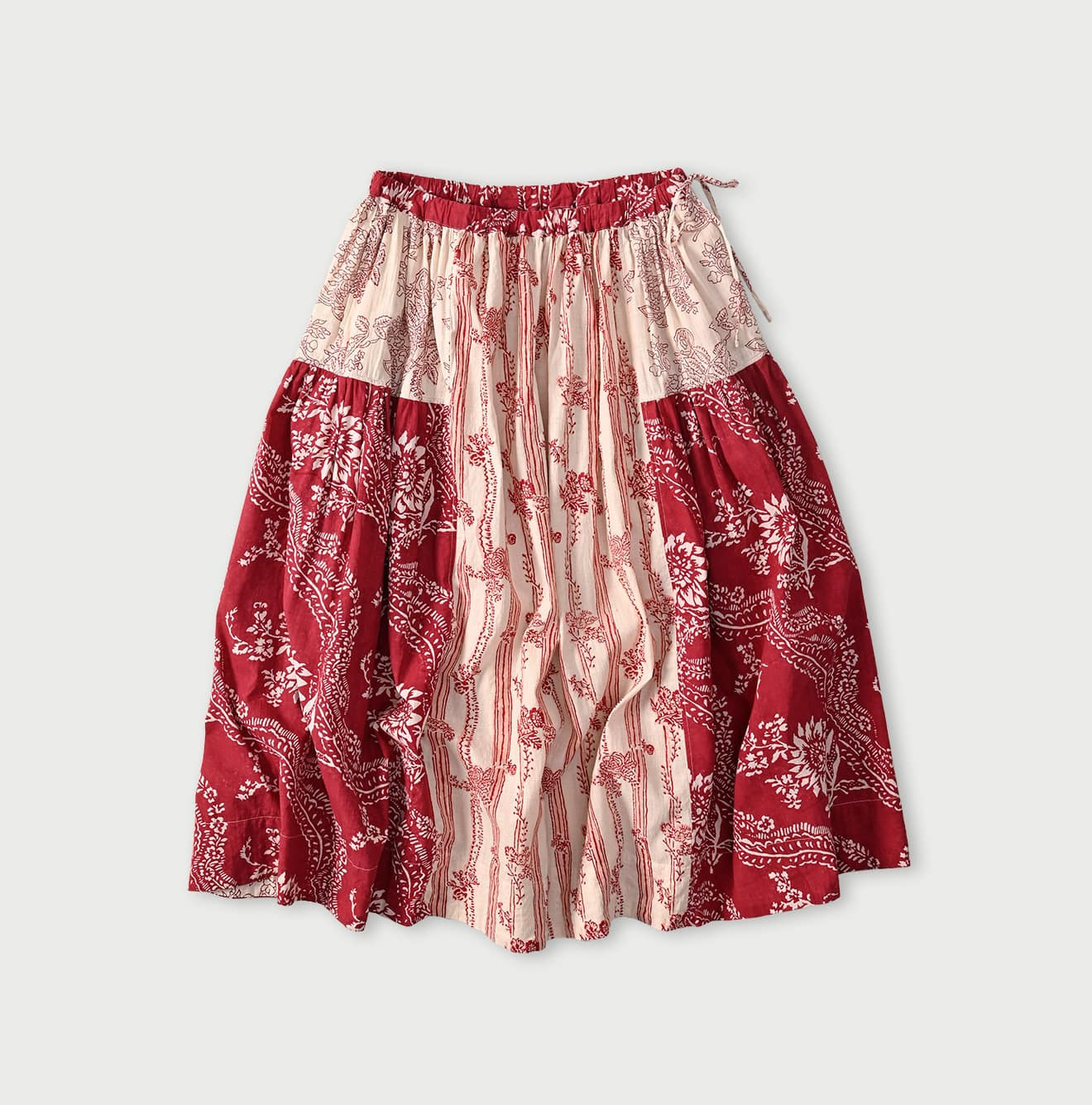 Indian Khadi Block Print Patchwork Skirt Red