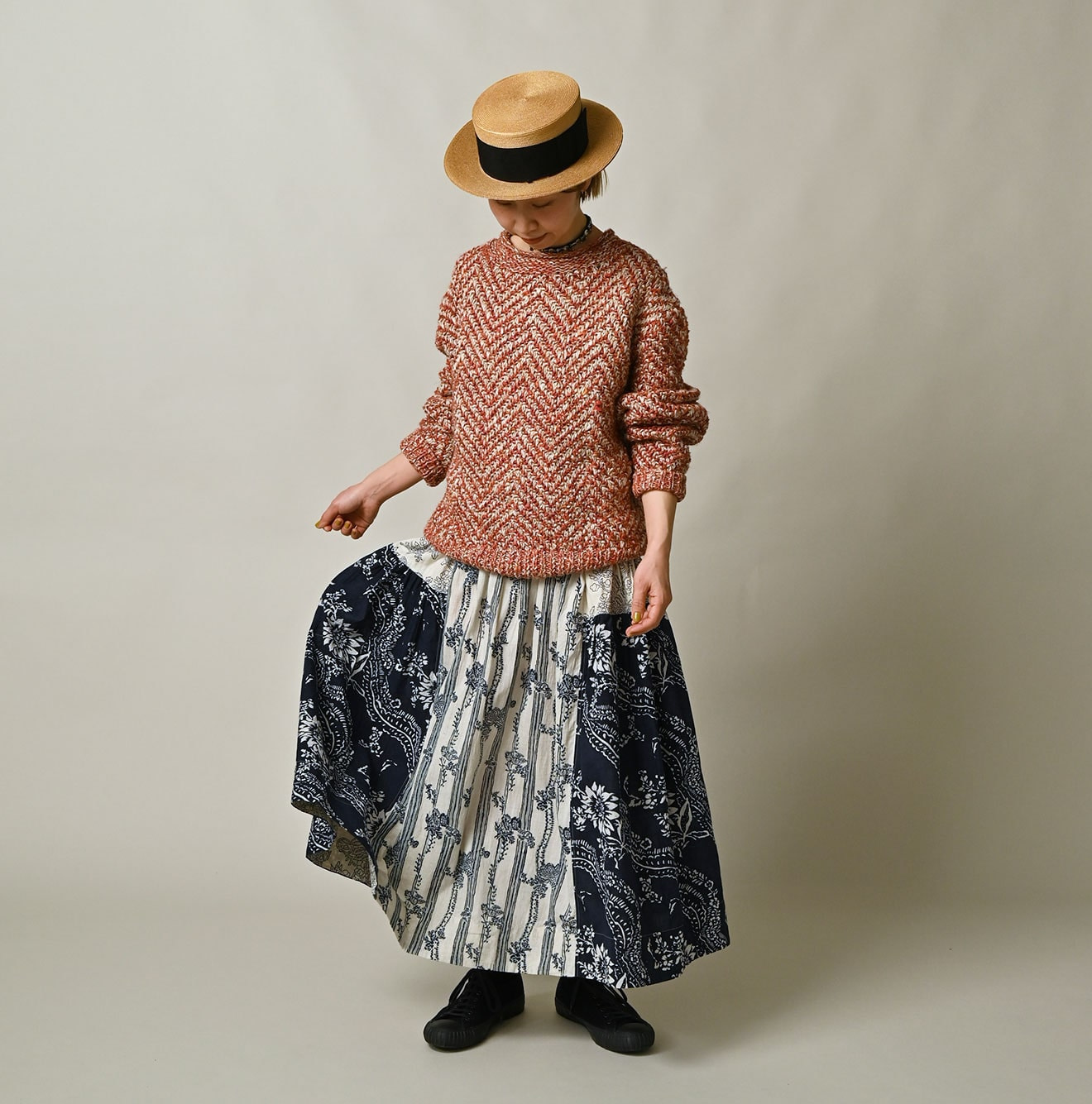 Indian Khadi Block Print Patchwork Skirt Female Model