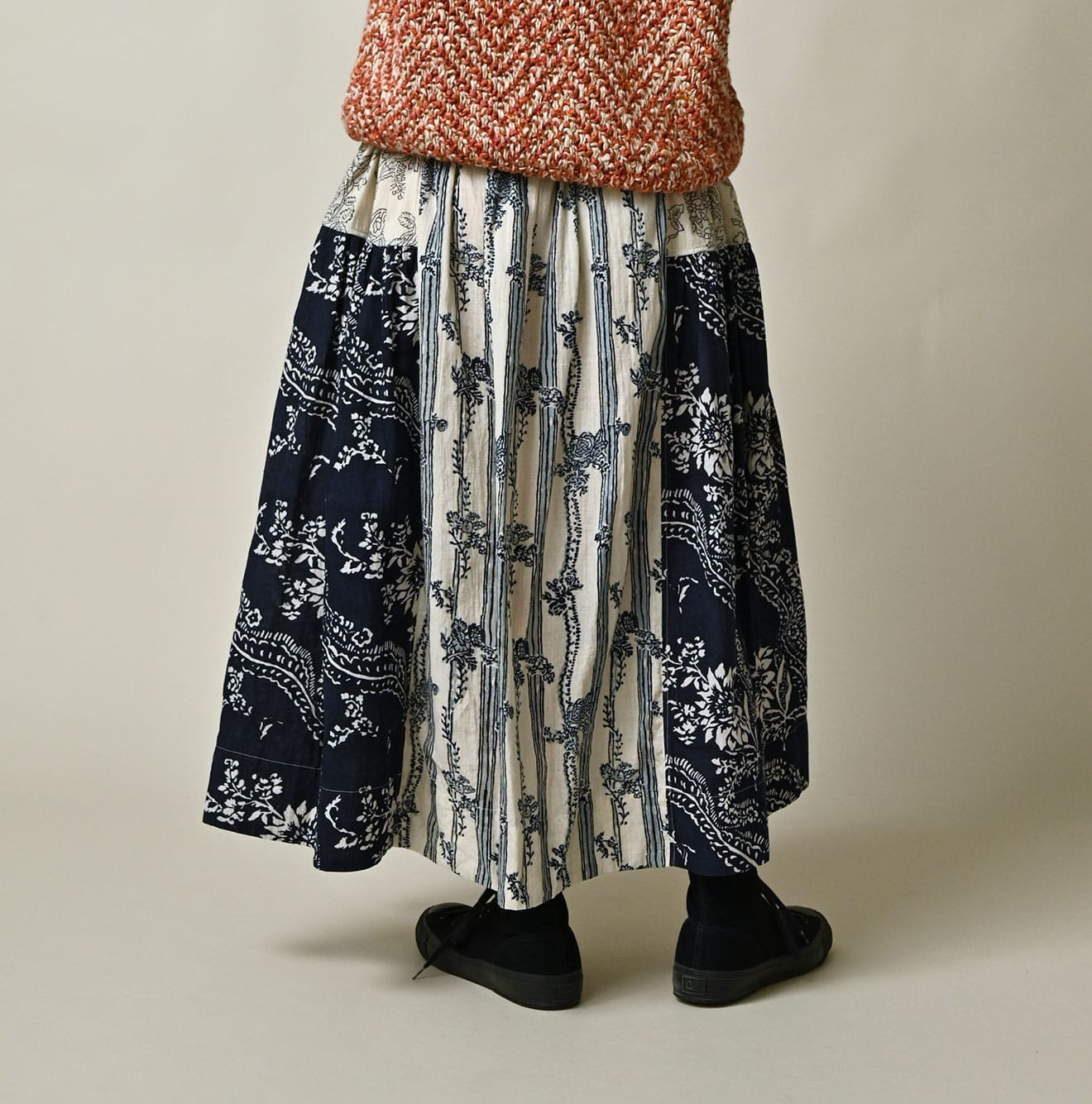 Indian Khadi Block Print Patchwork Skirt Female Model