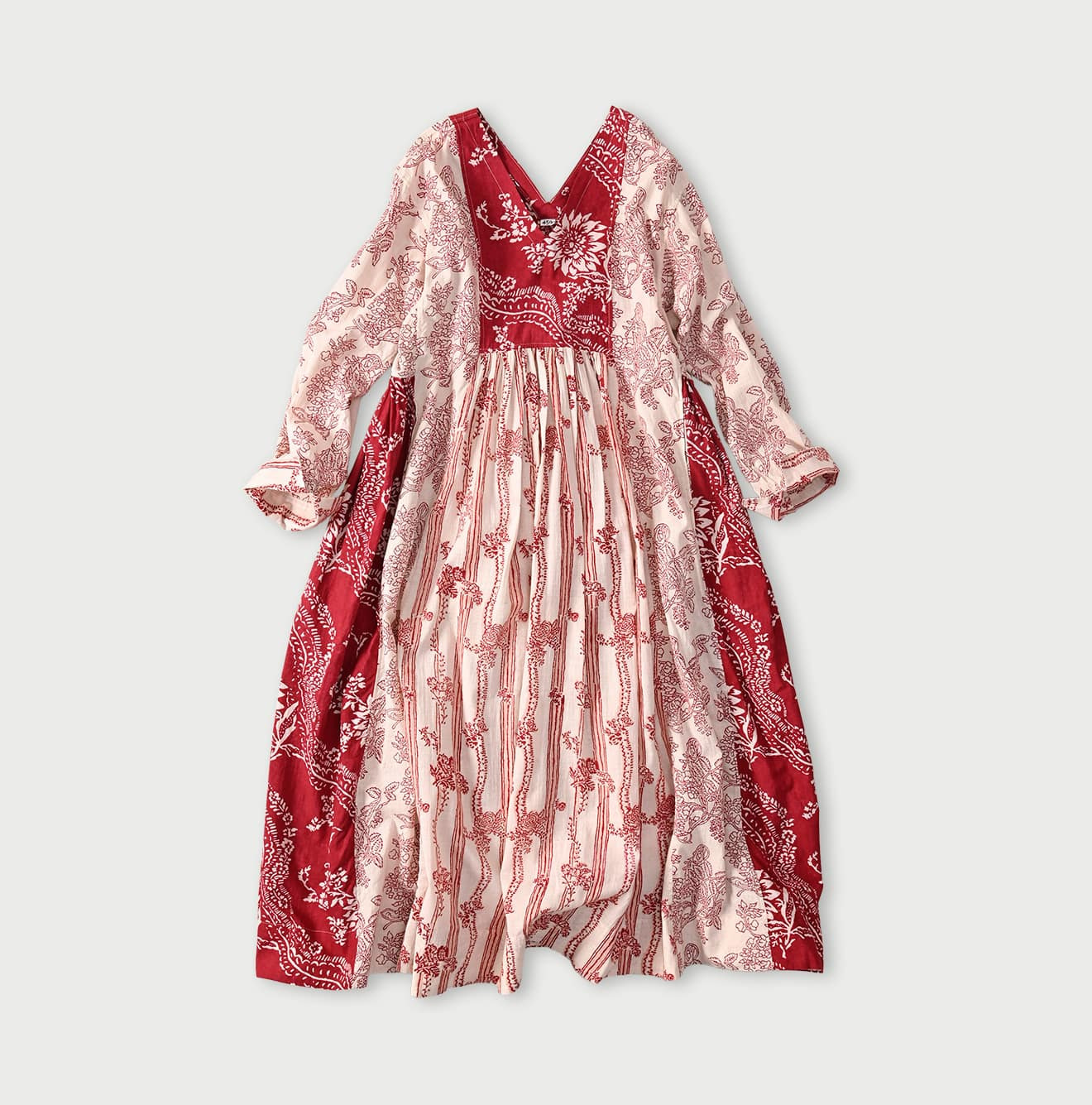 Indian Khadi Block Print Patchwork Dress Red