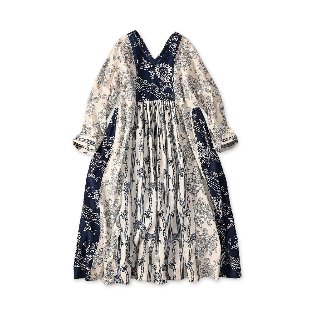 Indian Khadi Block Print Patchwork Dress Navy