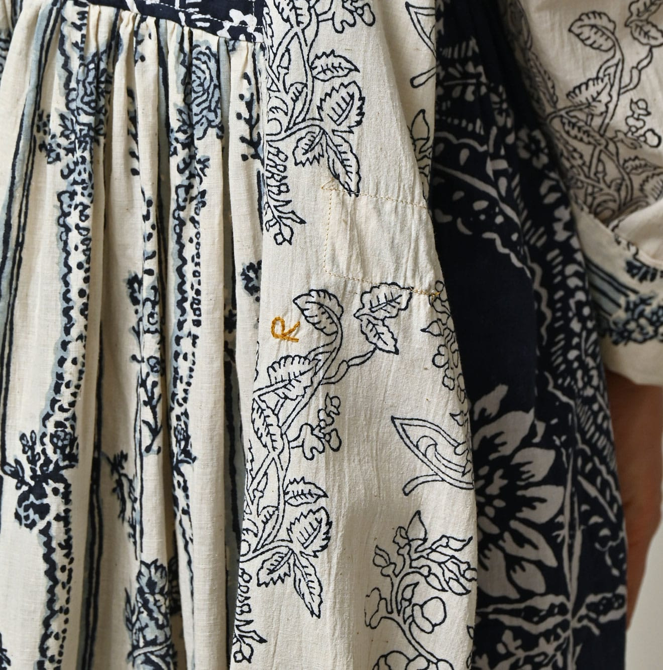 Indian Khadi Block Print Patchwork Dress Detail