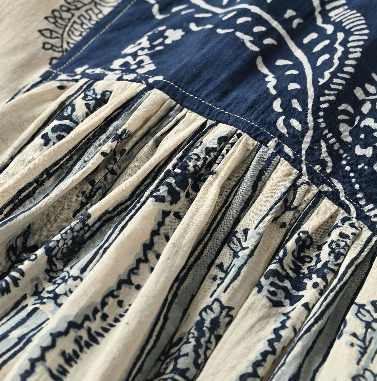 Indian Khadi Block Print Patchwork Dress Detail