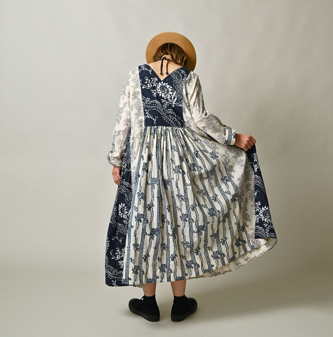 Indian Khadi Block Print Patchwork Dress Female Model