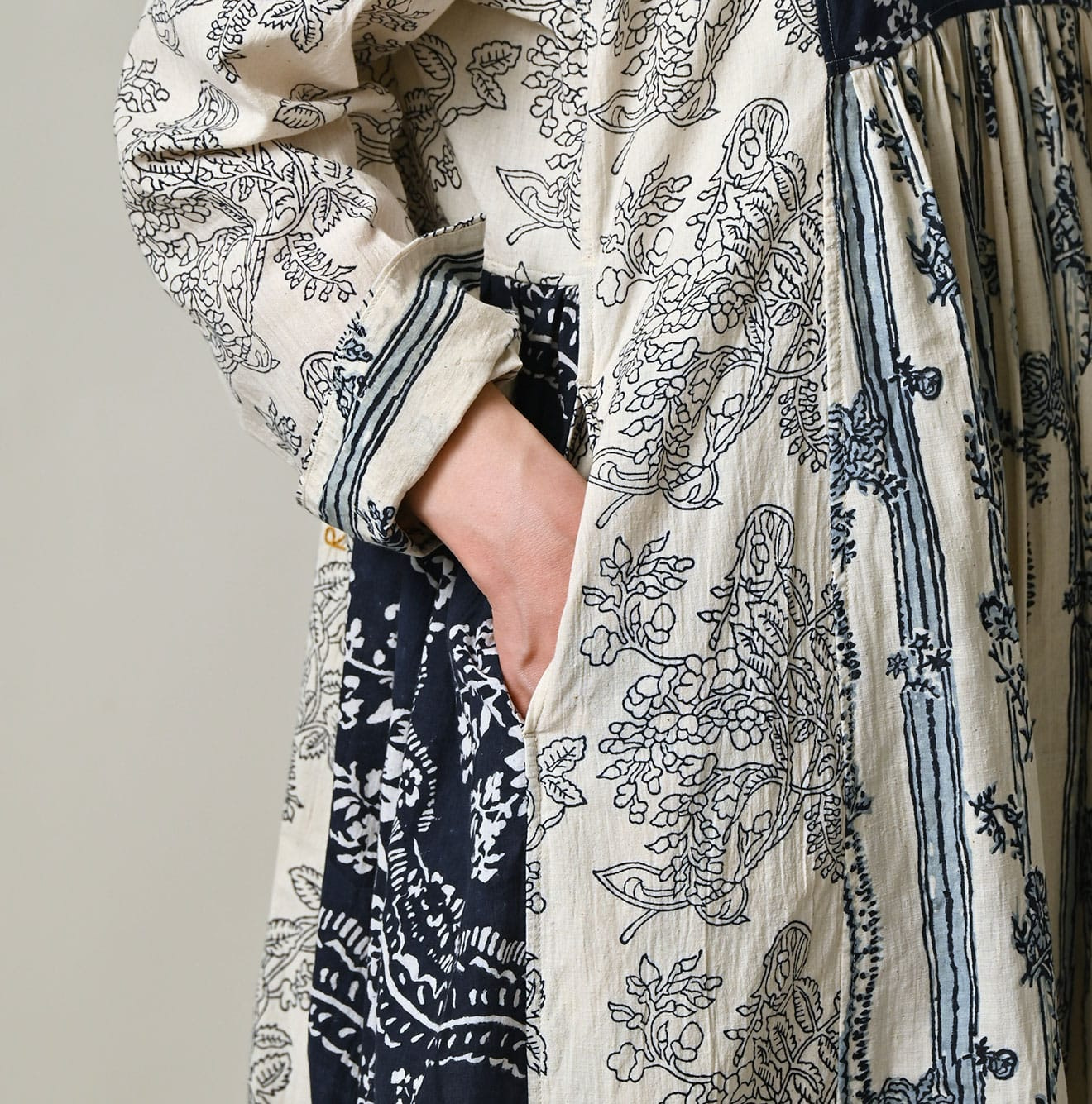 Indian Khadi Block Print Patchwork Dress Detail