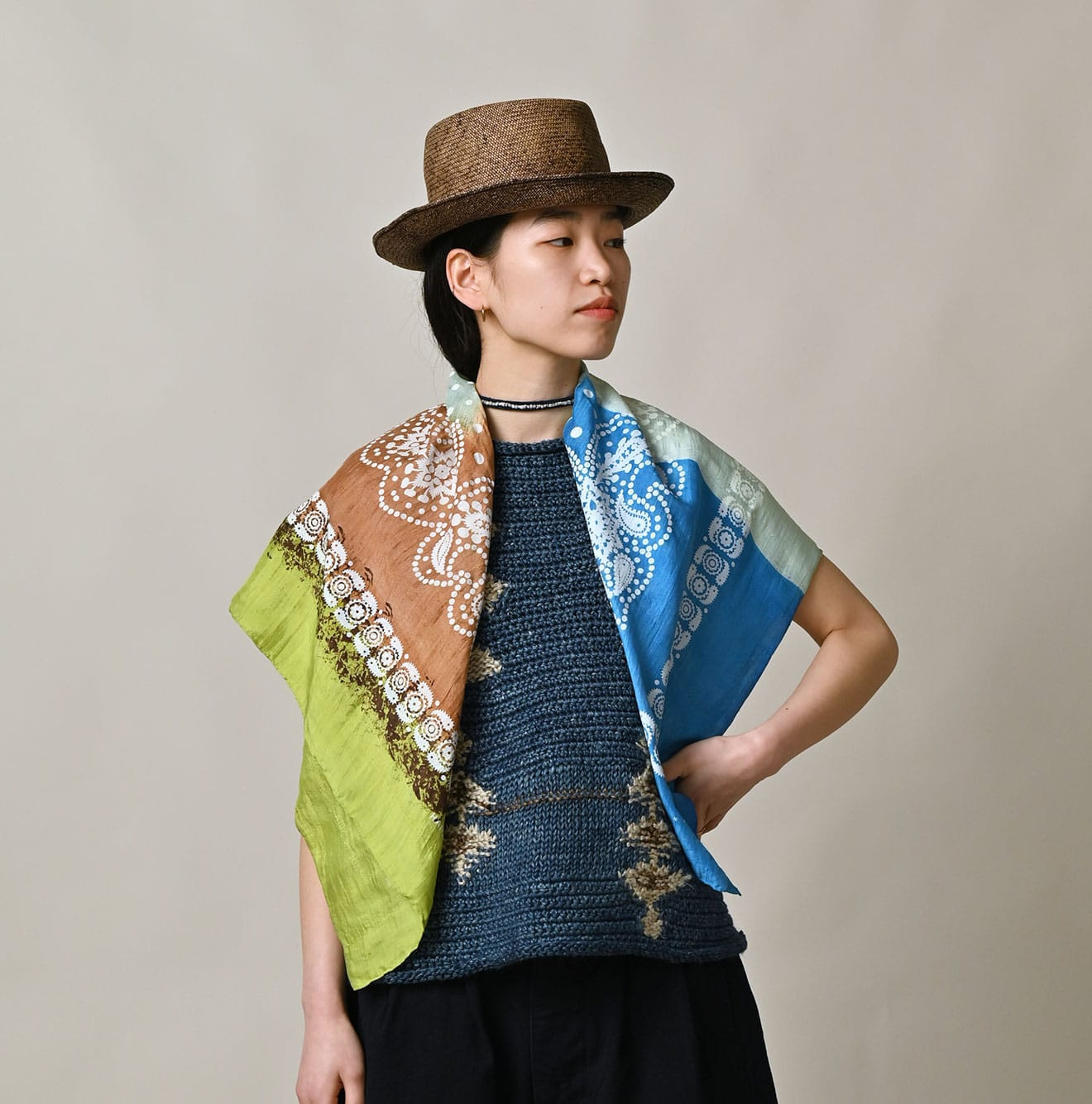 Indian Silk Handprint Furoshiki Female Model