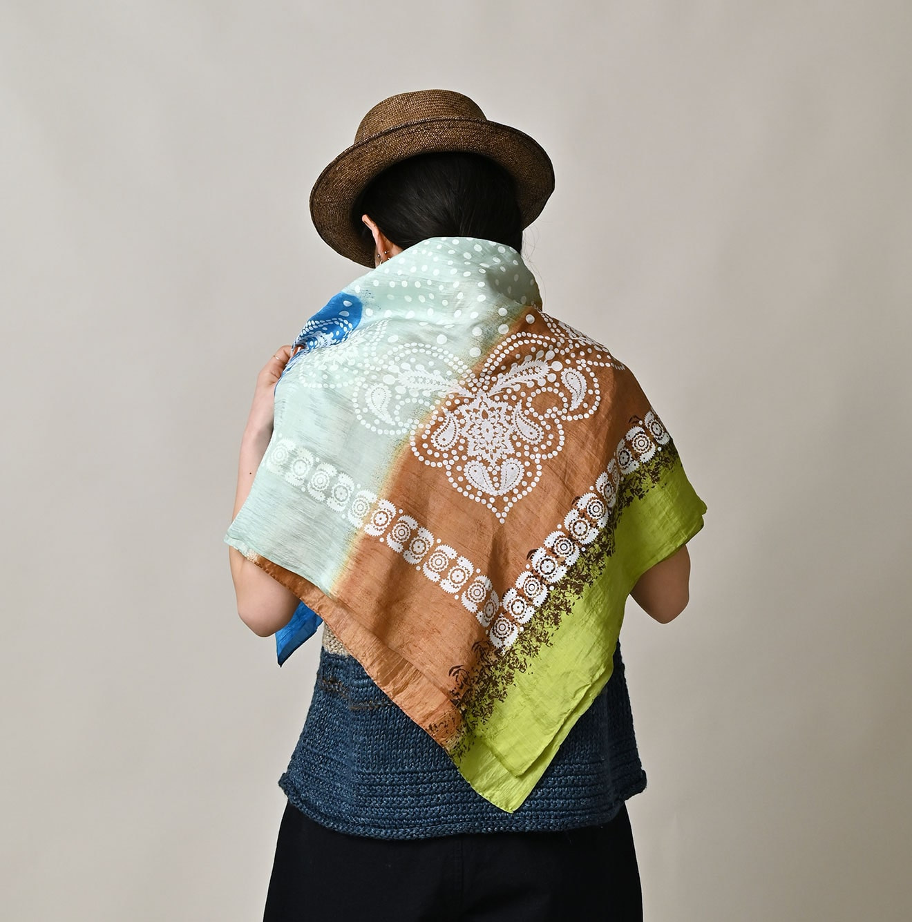 Indian Silk Handprint Furoshiki Female Model