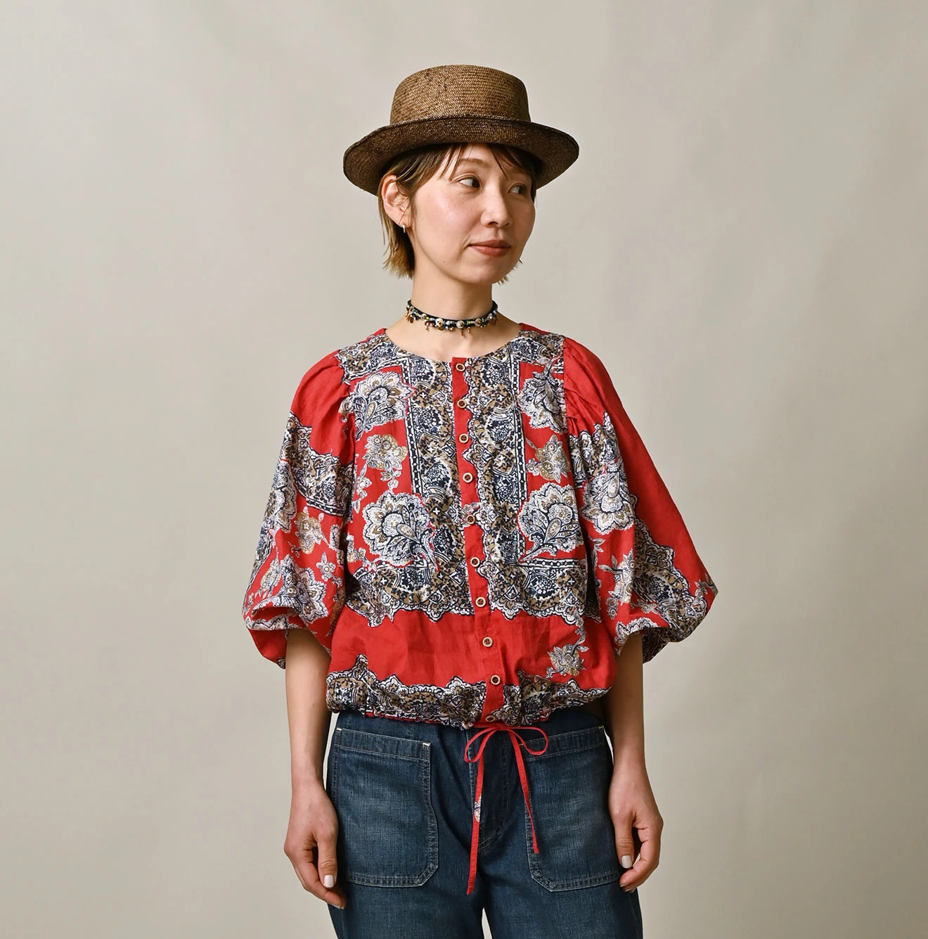 Bandana Paisley Print Puff Blouse Female Model
