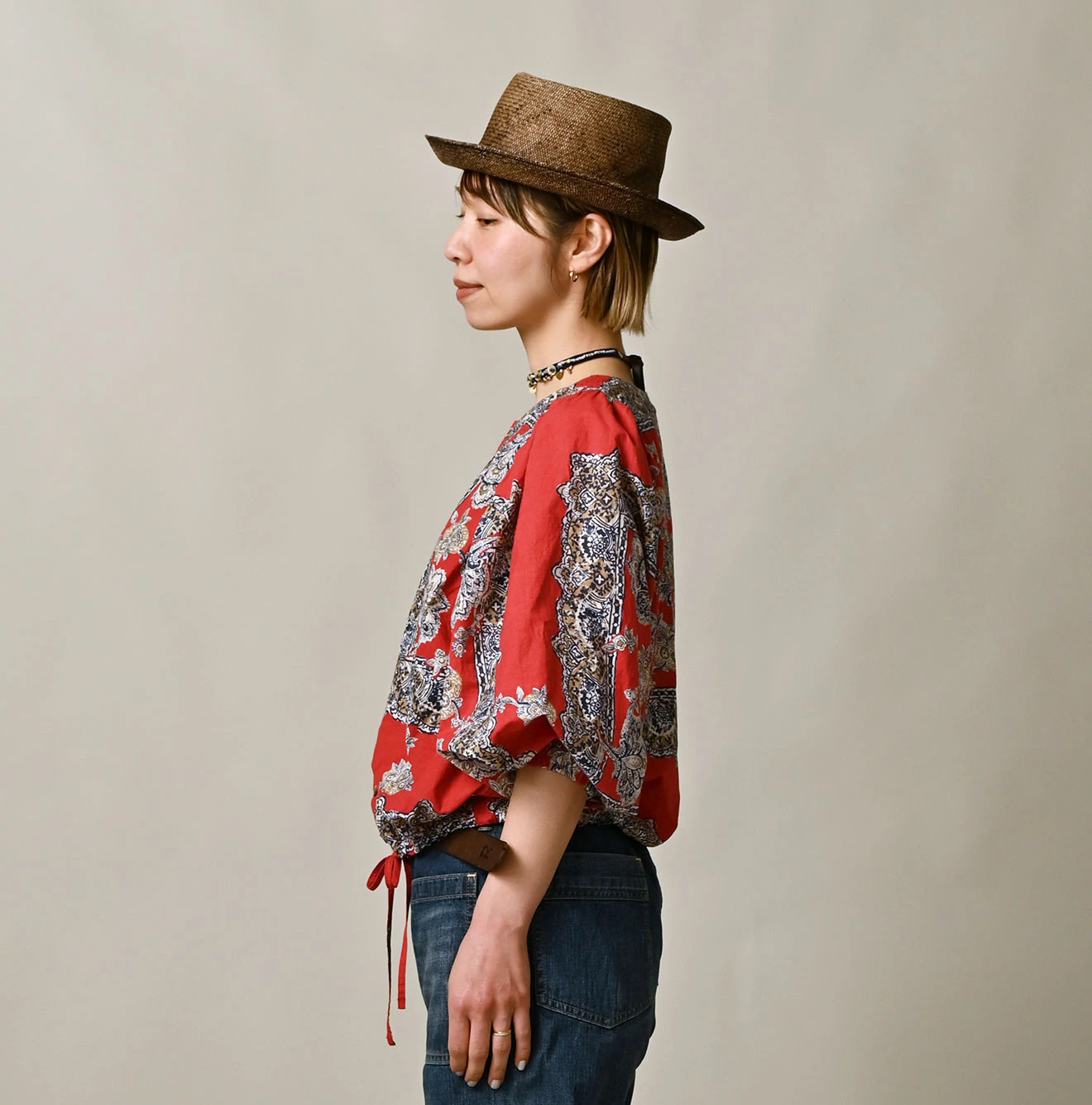 Bandana Paisley Print Puff Blouse Female Model