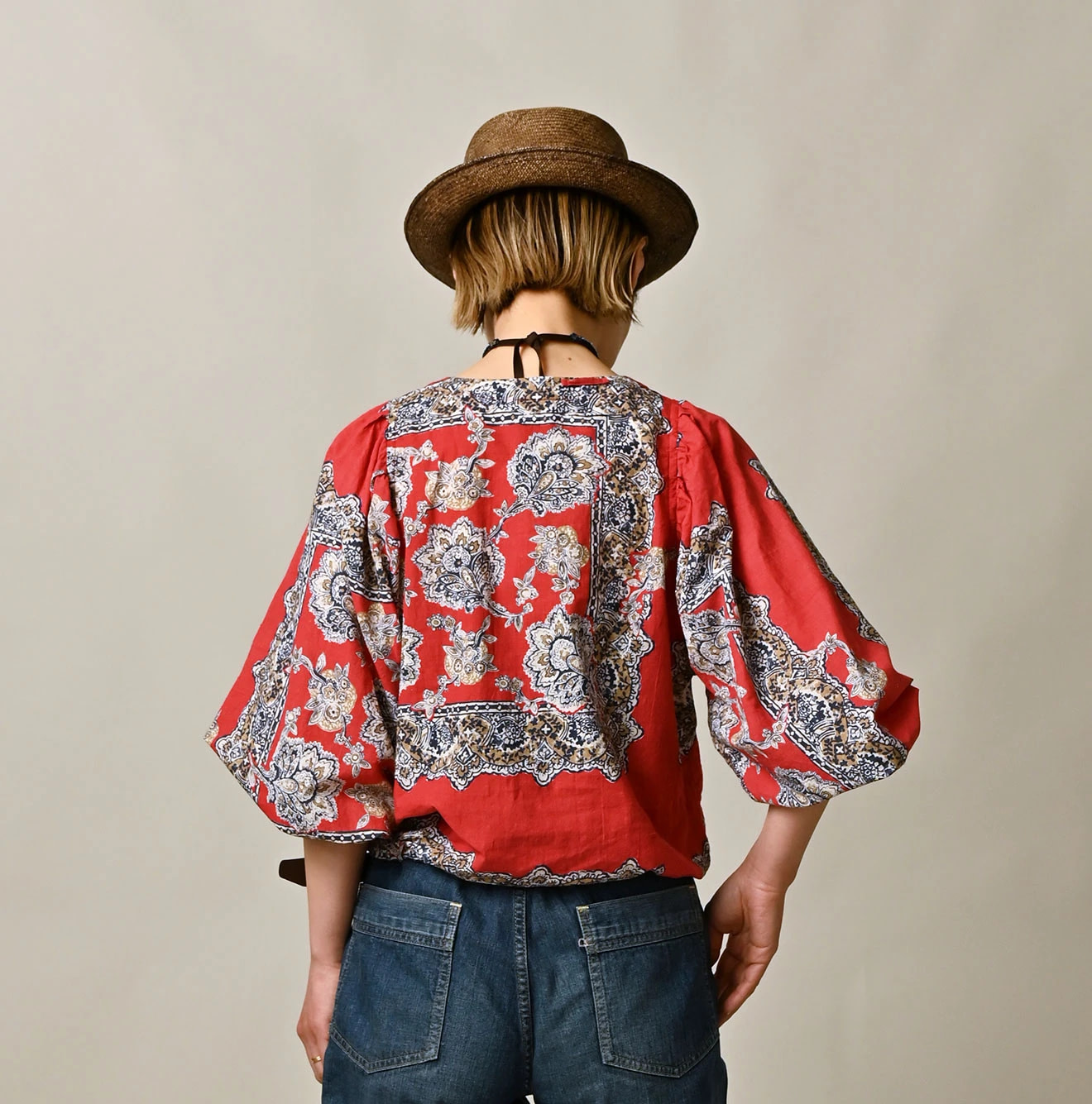 Bandana Paisley Print Puff Blouse Female Model