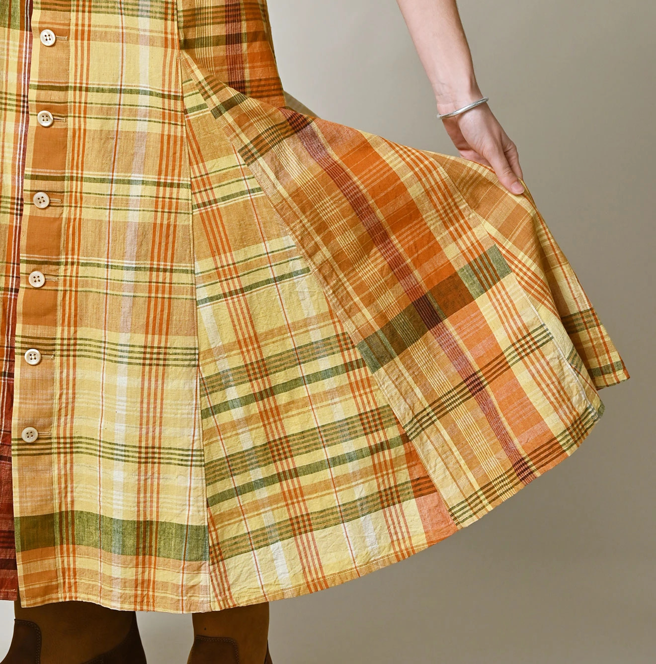 Indian Plant Dyed Madras Print Umbrella Skirt Detail