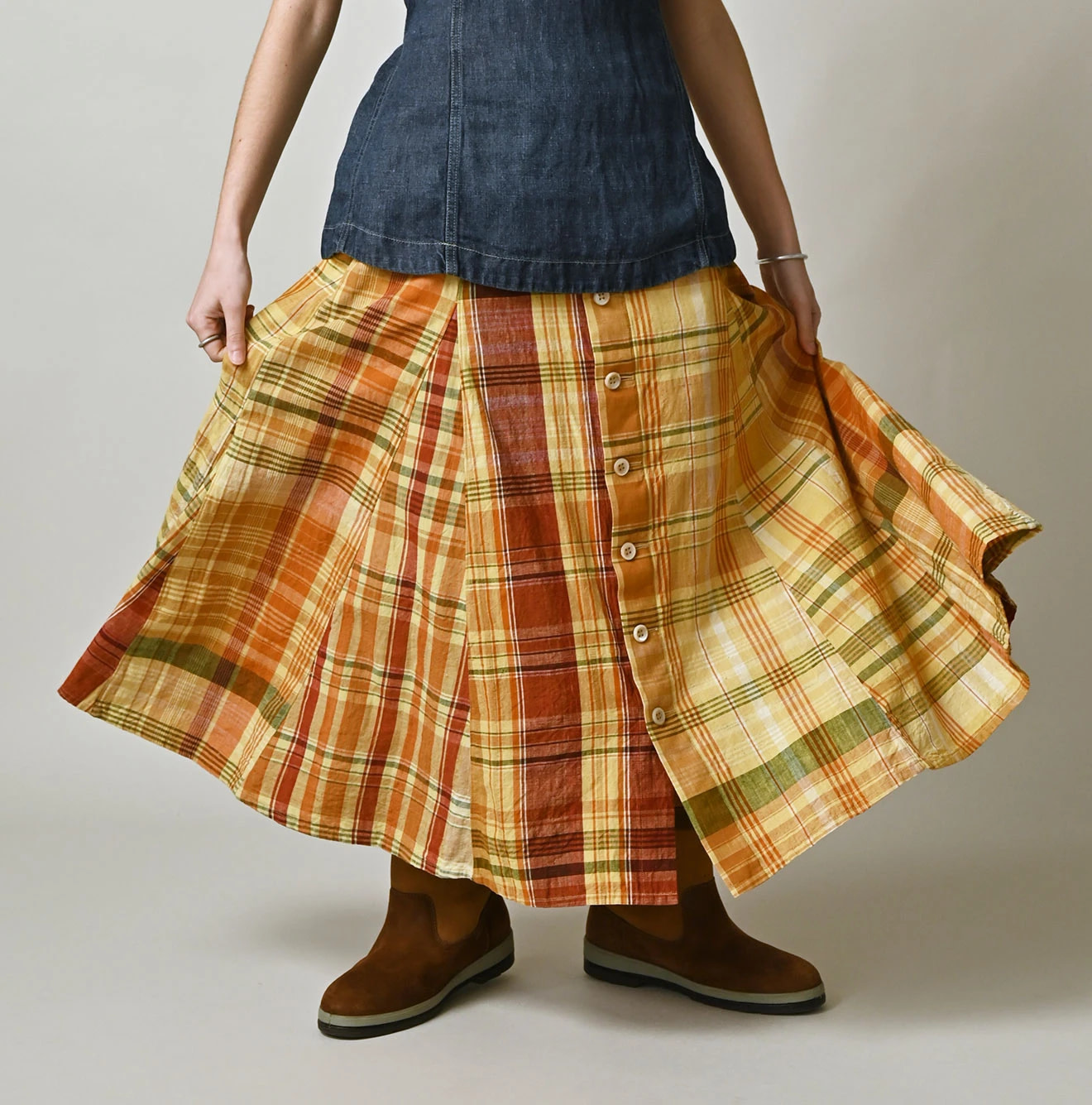 Indian Plant Dyed Madras Print Umbrella Skirt Female Model