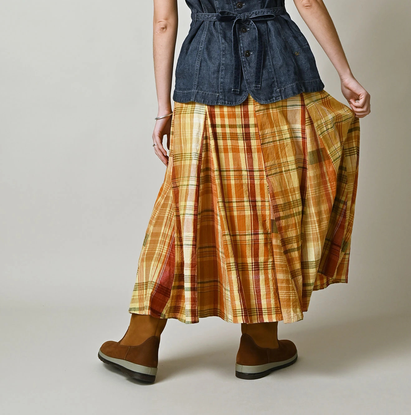 Indian Plant Dyed Madras Print Umbrella Skirt Female Model