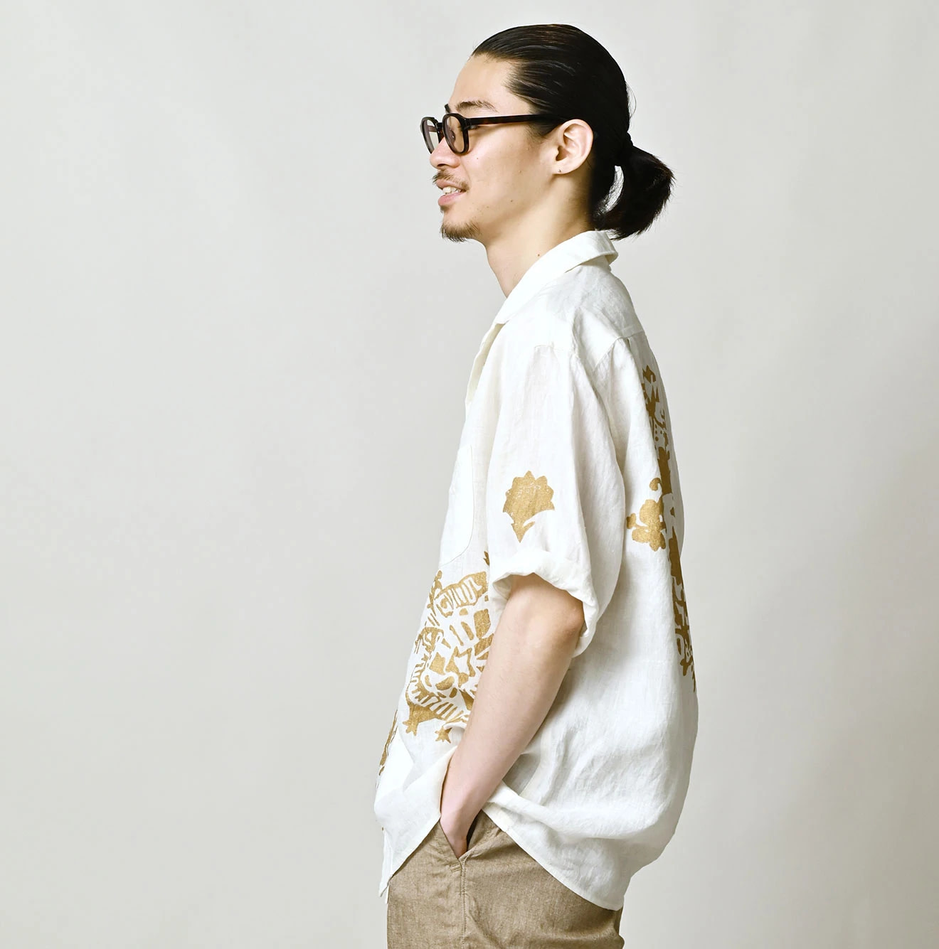 Indian Linen Gold Leaf Print LeiLei Shirt MEN Detail