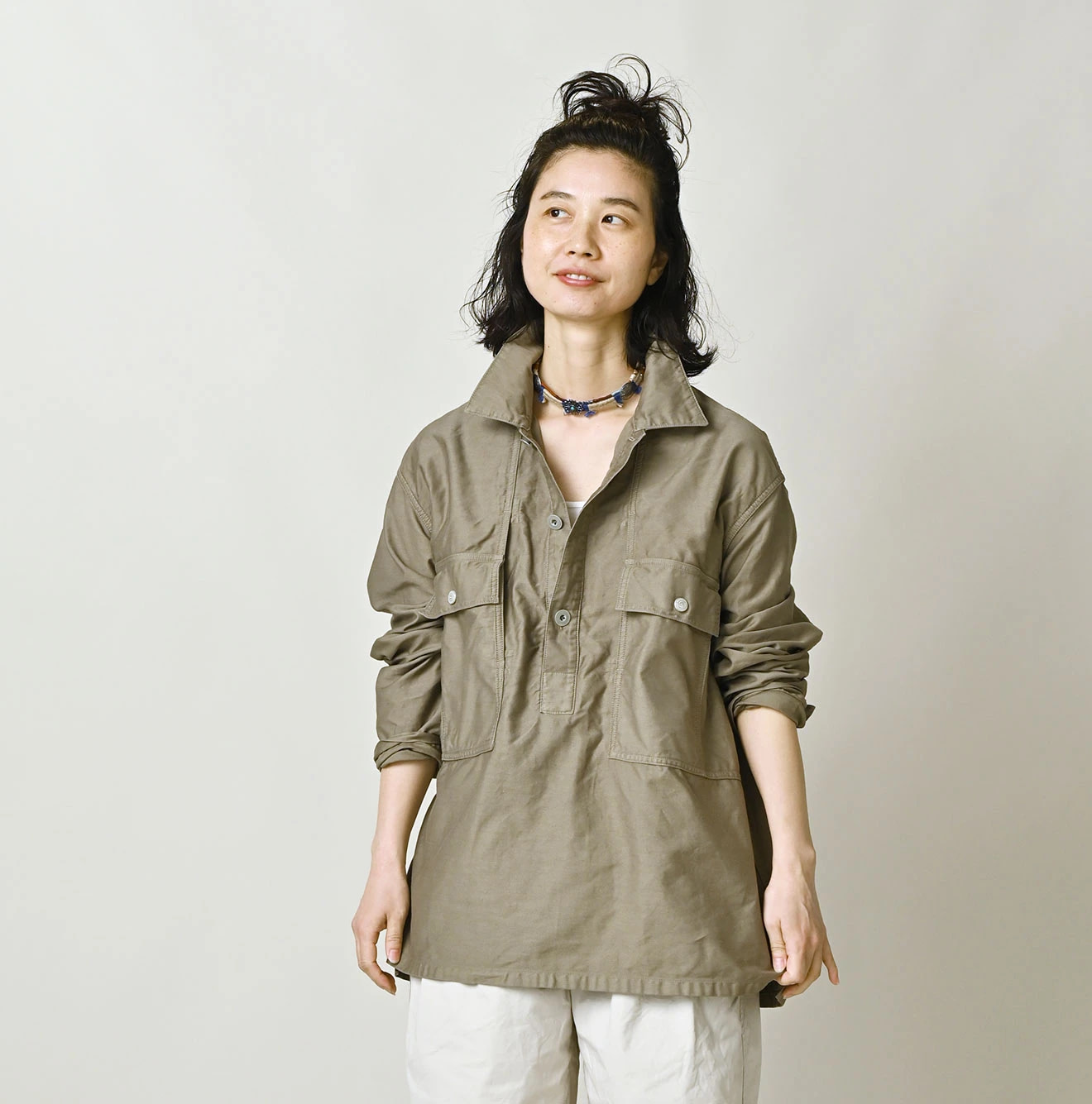 Horizontal Satin 908 Bush Shirt Female Model