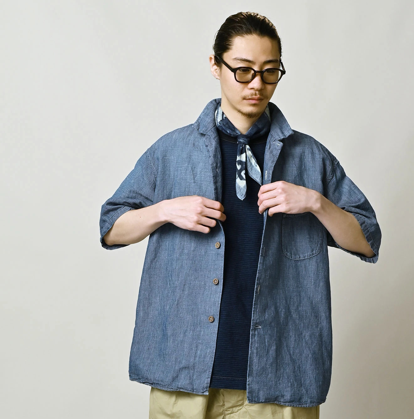Cotton Linen Dungaree LeiLei Shirt MEN Distressed Male Model