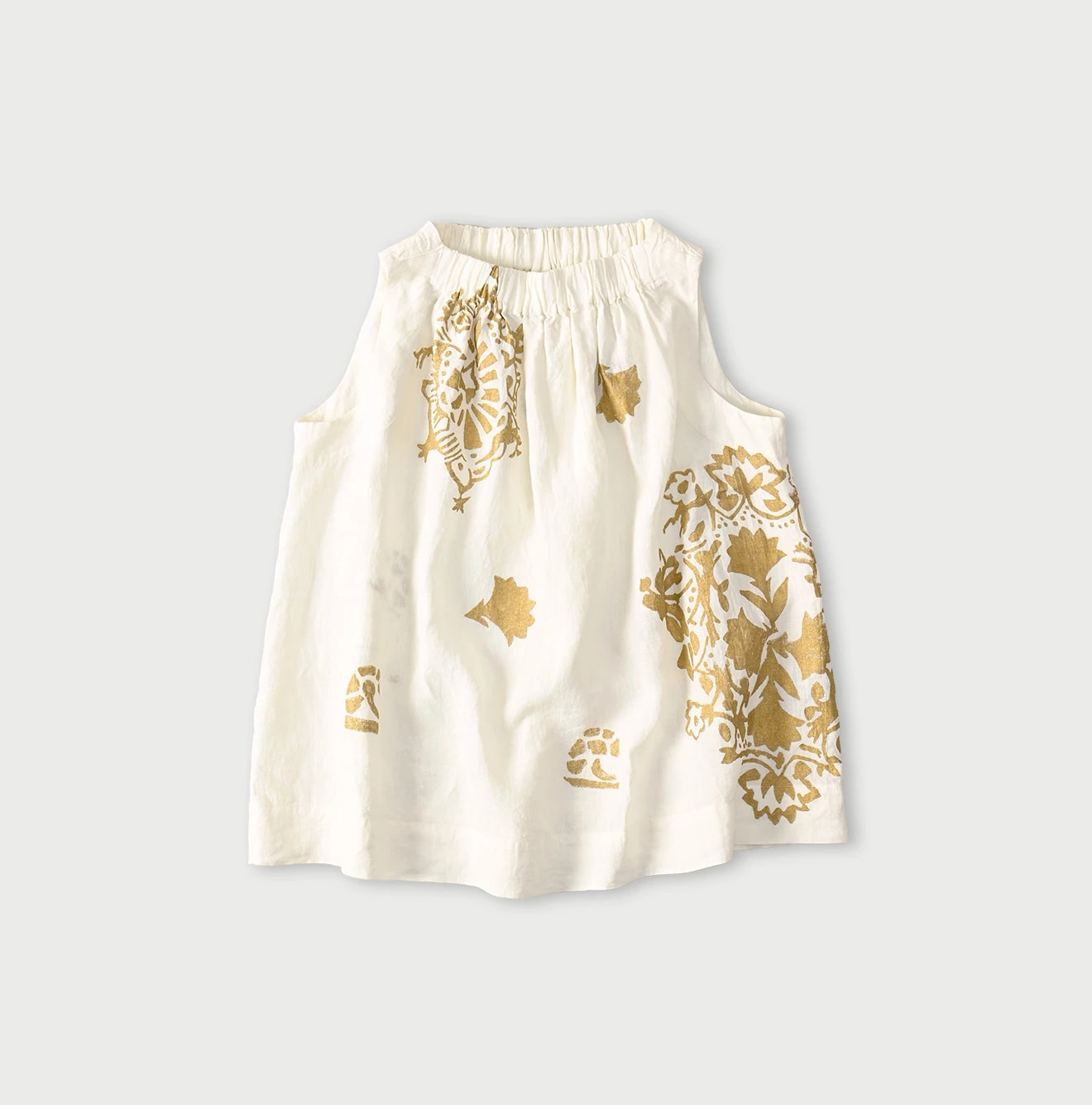 Indian Linen Gold Leaf Print Shirred Sleeveless Shirt White