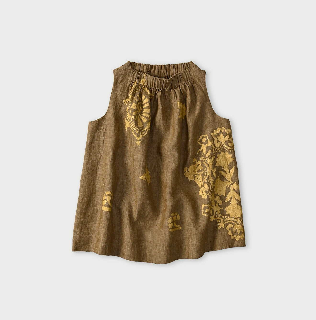 Indian Linen Gold Leaf Print Shirred Sleeveless Shirt Brown