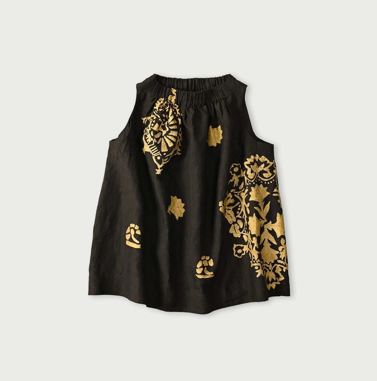 Indian Linen Gold Leaf Print Shirred Sleeveless Shirt Charcoal Black