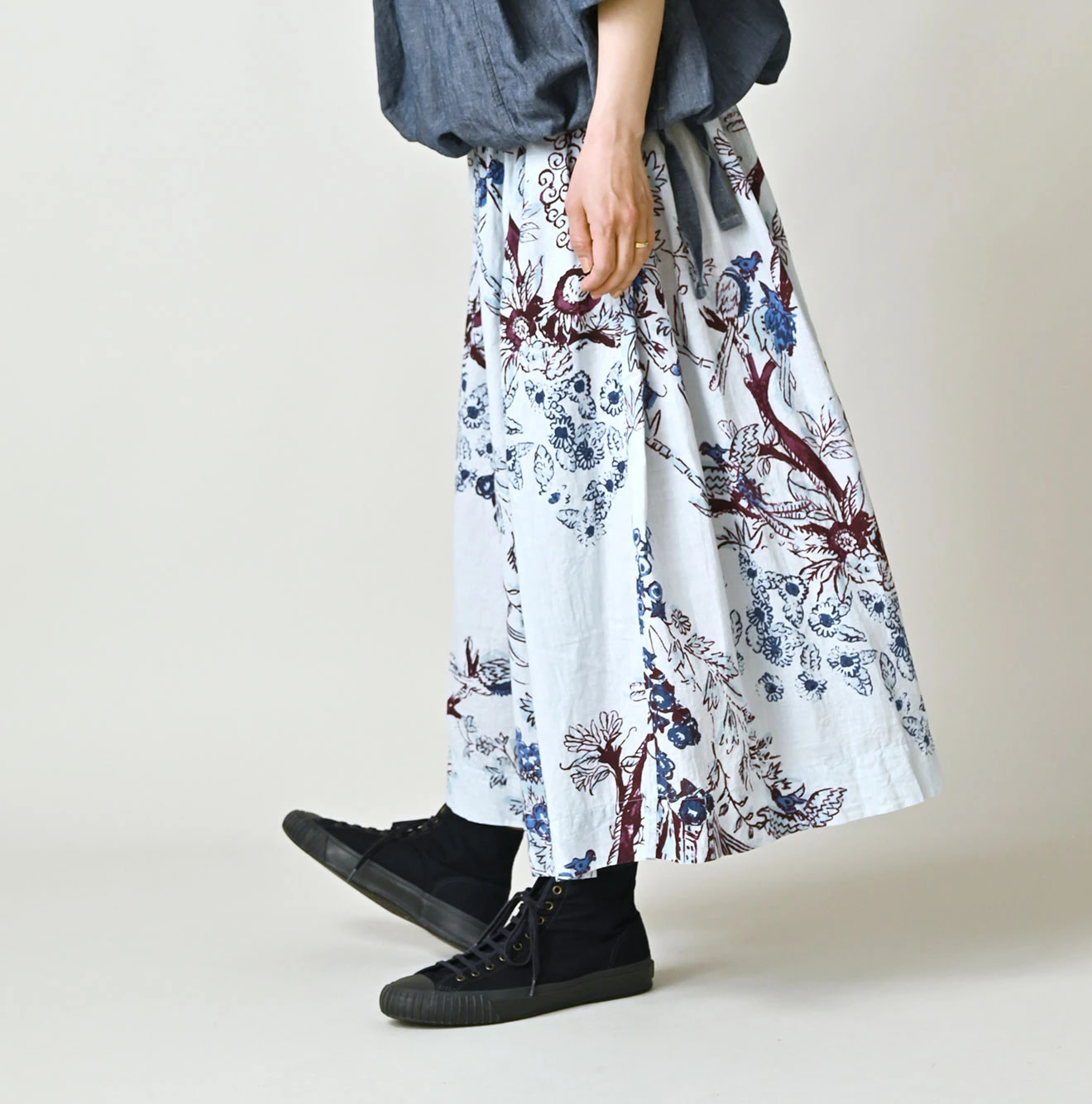 Indian Khadi Palampore Print Easy Gather Skirt Female Model