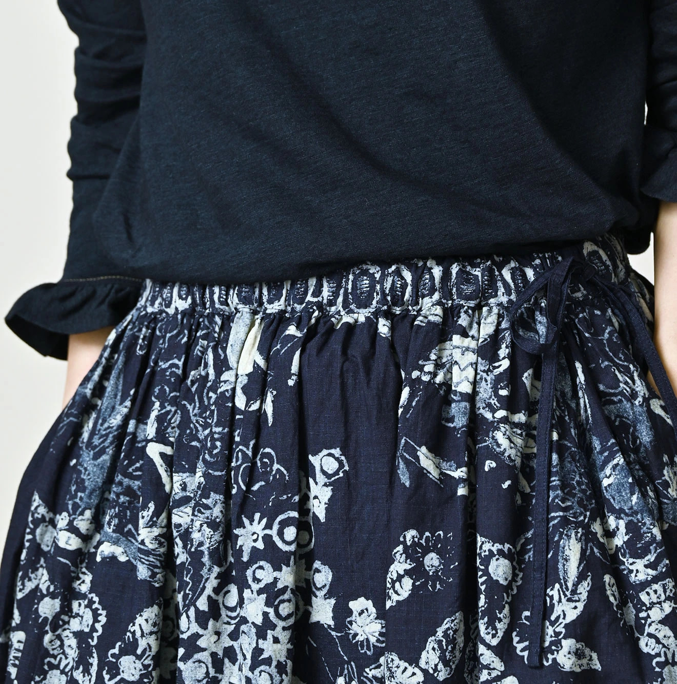 Indigo Hira Palampore Print Easy Gather Skirt Detail