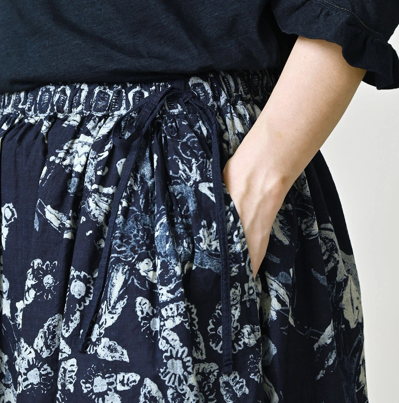 Indigo Hira Palampore Print Easy Gather Skirt Detail