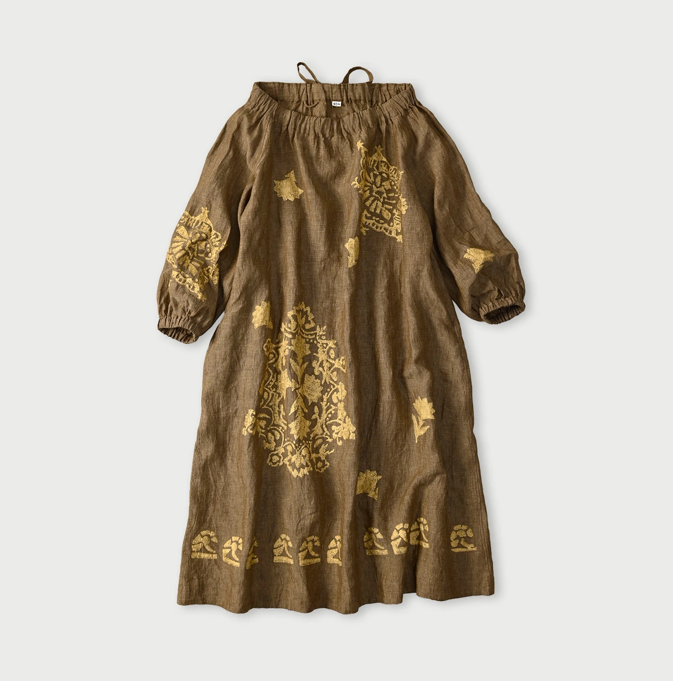 Indian Linen Gold Leaf Print Shirred Dress Brown