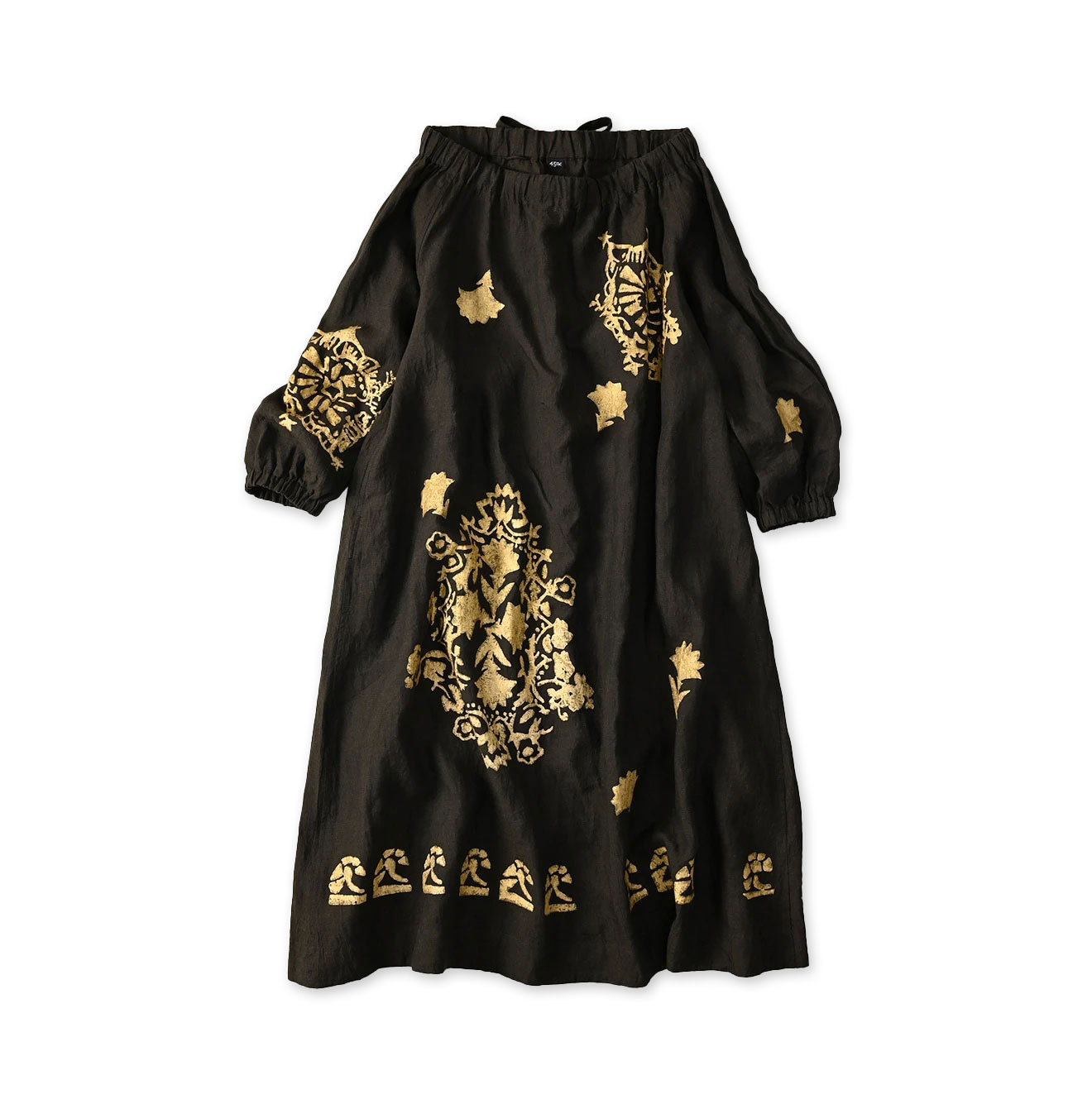 Indian Linen Gold Leaf Print Shirred Dress Charcoal Black