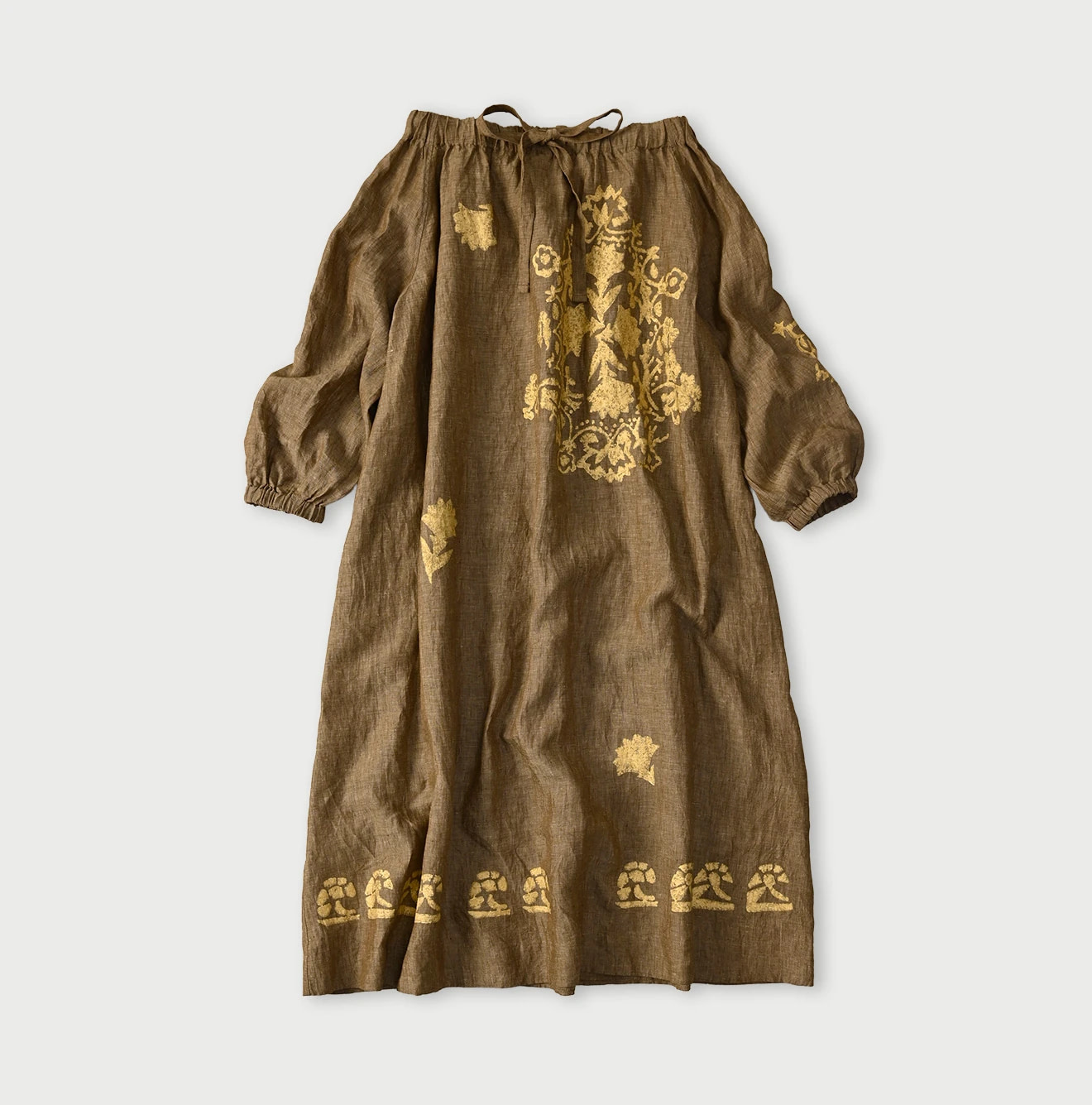 Indian Linen Gold Leaf Print Shirred Dress Back