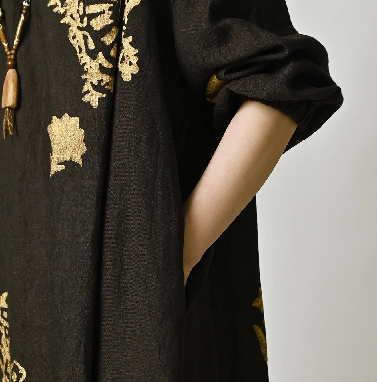 Indian Linen Gold Leaf Print Shirred Dress Detail
