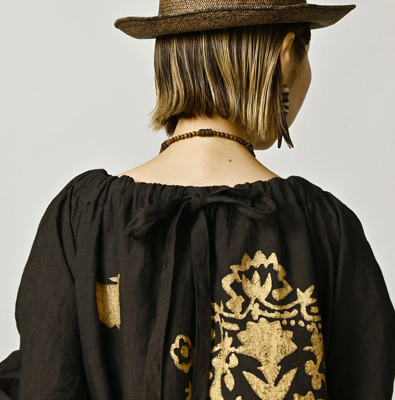 Indian Linen Gold Leaf Print Shirred Dress Detail