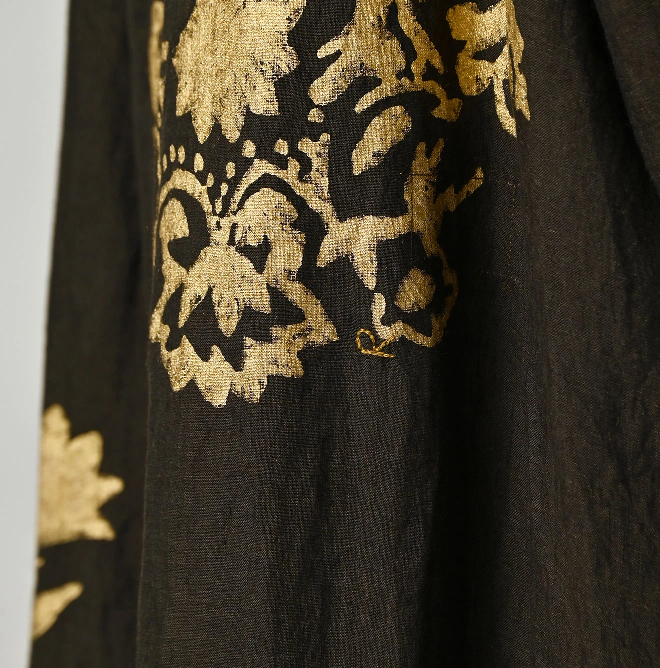 Indian Linen Gold Leaf Print Shirred Dress Detail