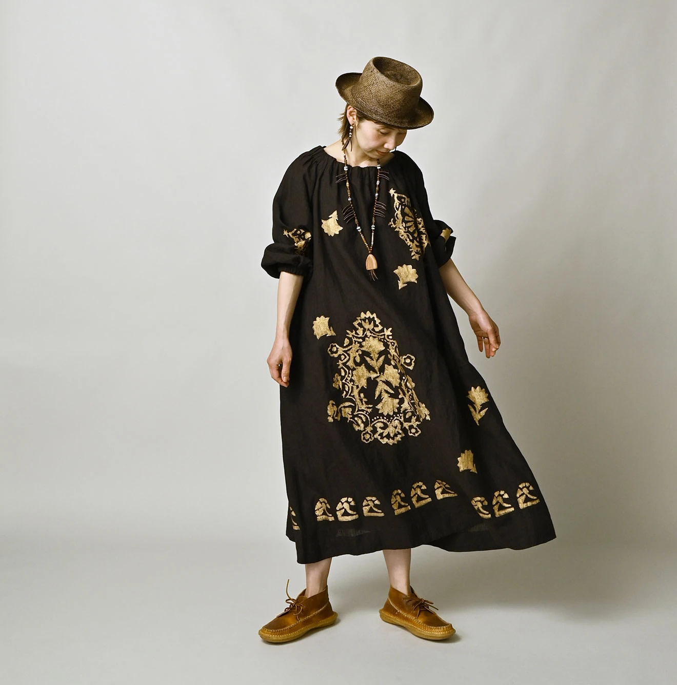 Indian Linen Gold Leaf Print Shirred Dress Female Model