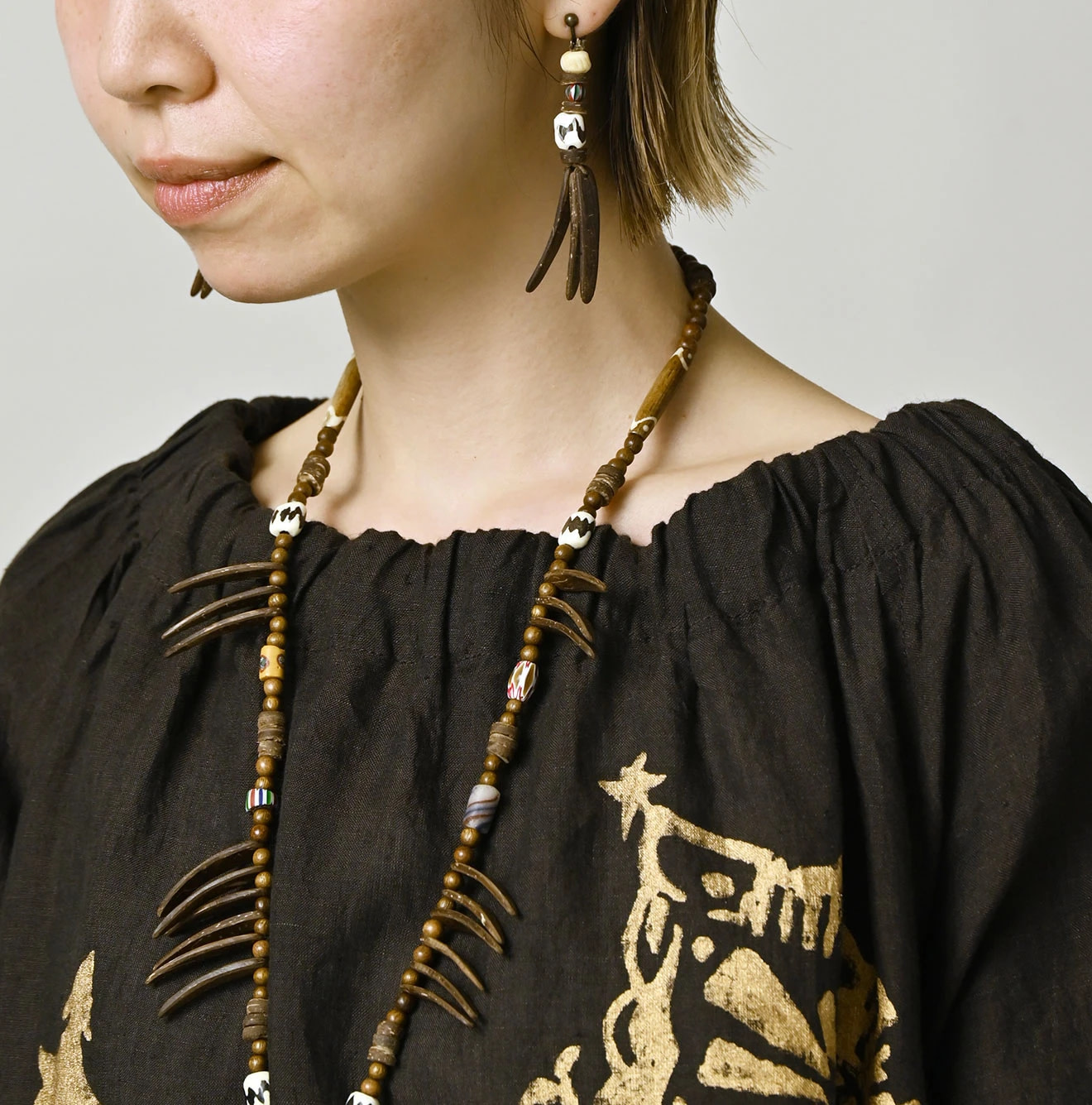 Indian Linen Gold Leaf Print Shirred Dress Detail