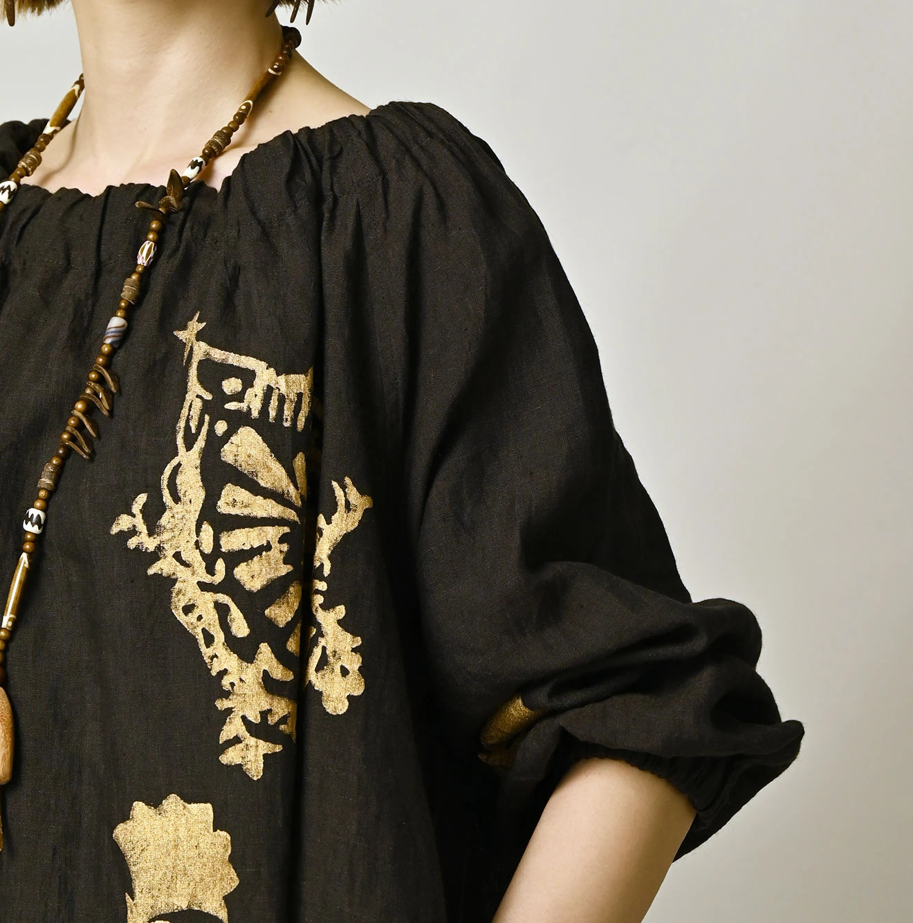 Indian Linen Gold Leaf Print Shirred Dress Detail