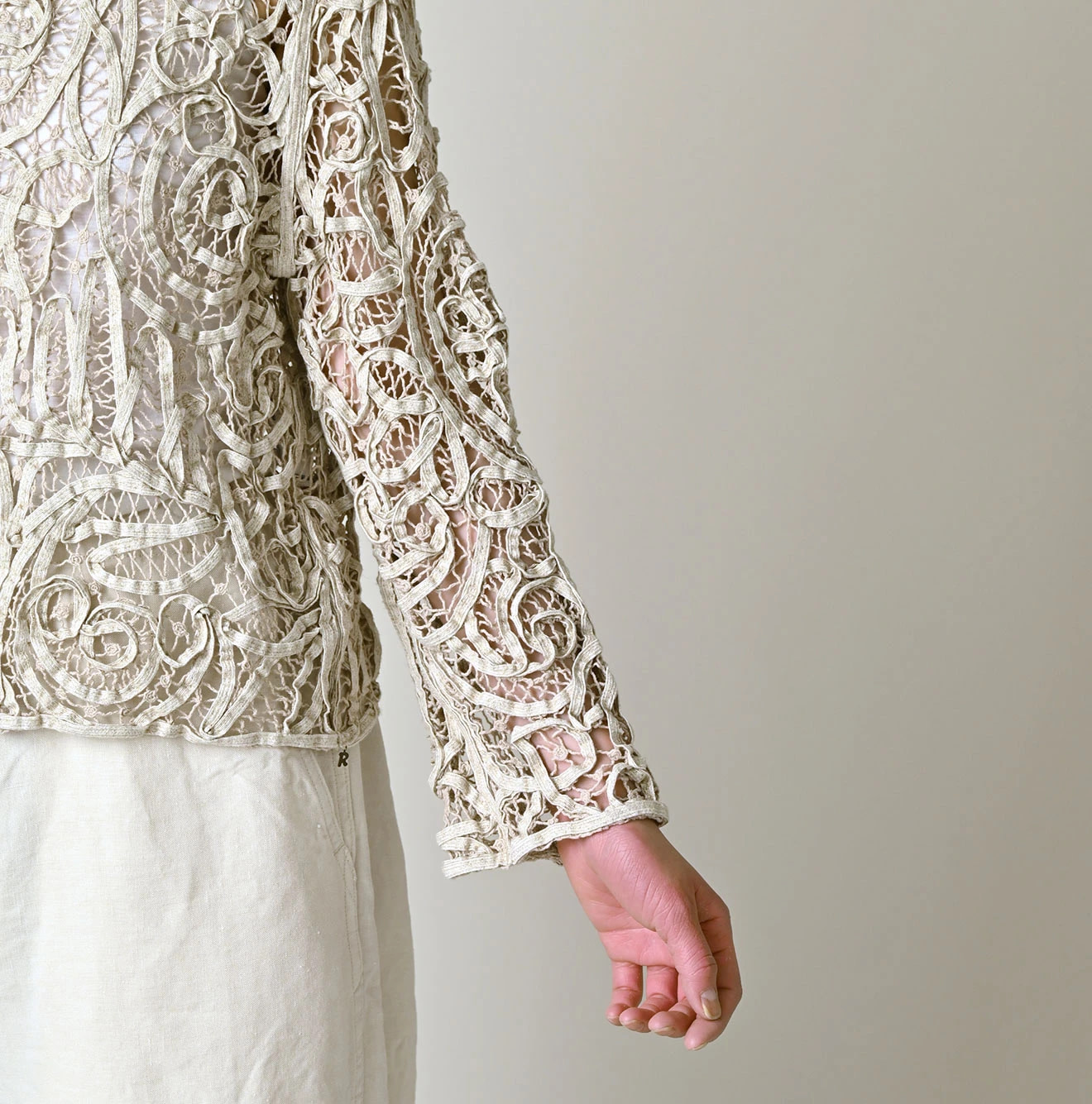Linen Ribbon Battenberg Embroidery Bolero Detail