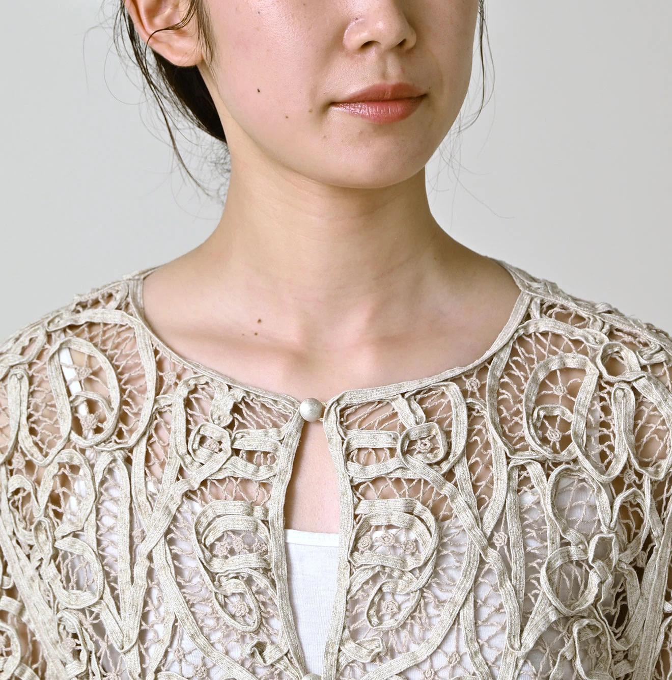 Linen Ribbon Battenberg Embroidery Bolero Detail
