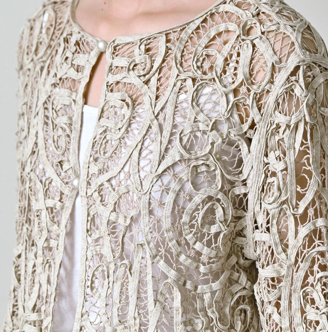 Linen Ribbon Battenberg Embroidery Bolero Detail